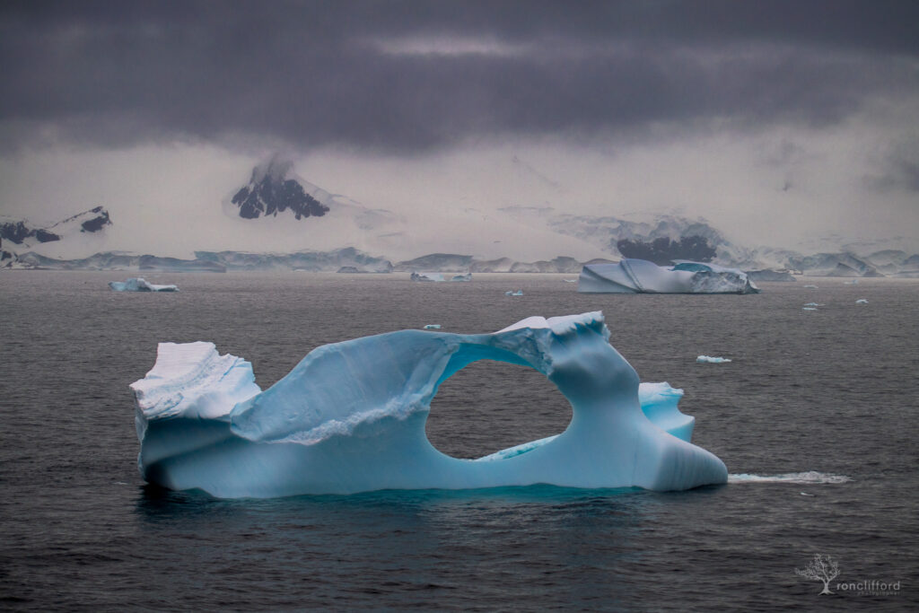 a rich blue Iceberg with a hole floating in the Southern Ocean